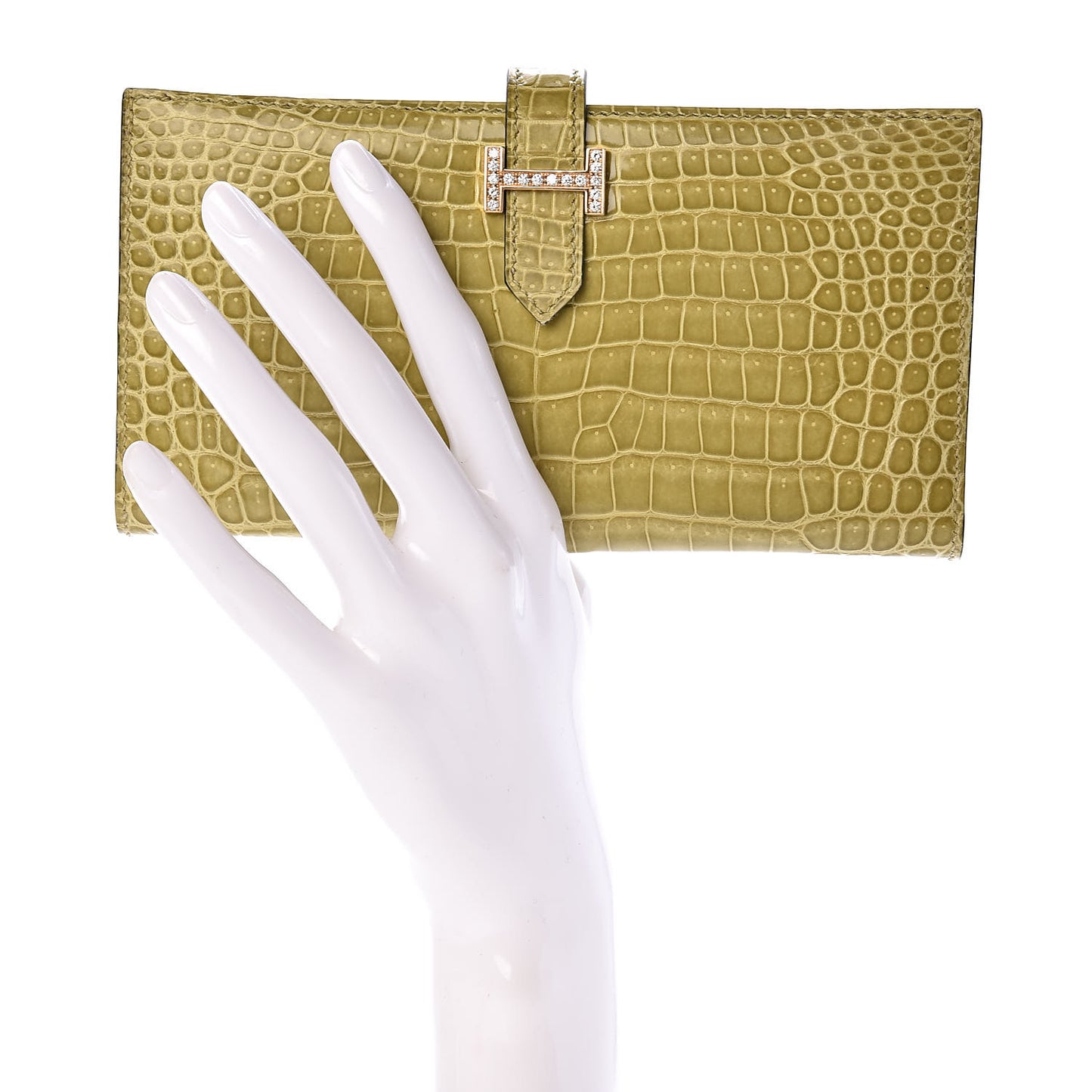 Shiny Porosus Crocodile 18K Gold Diamond Bearn Wallet Vert Anis