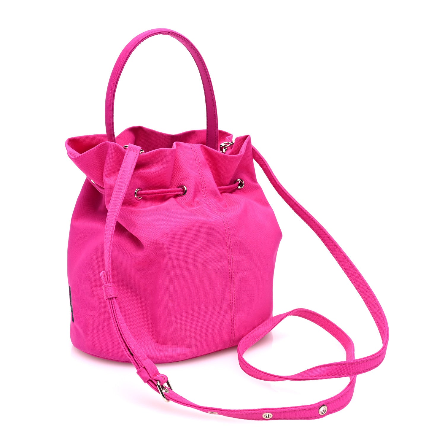 Balenciaga Recycled Sport Nylon Logo Embroidered Small Wheel Drawstring Bucket Bag Fluo Pink Black 4 of 10