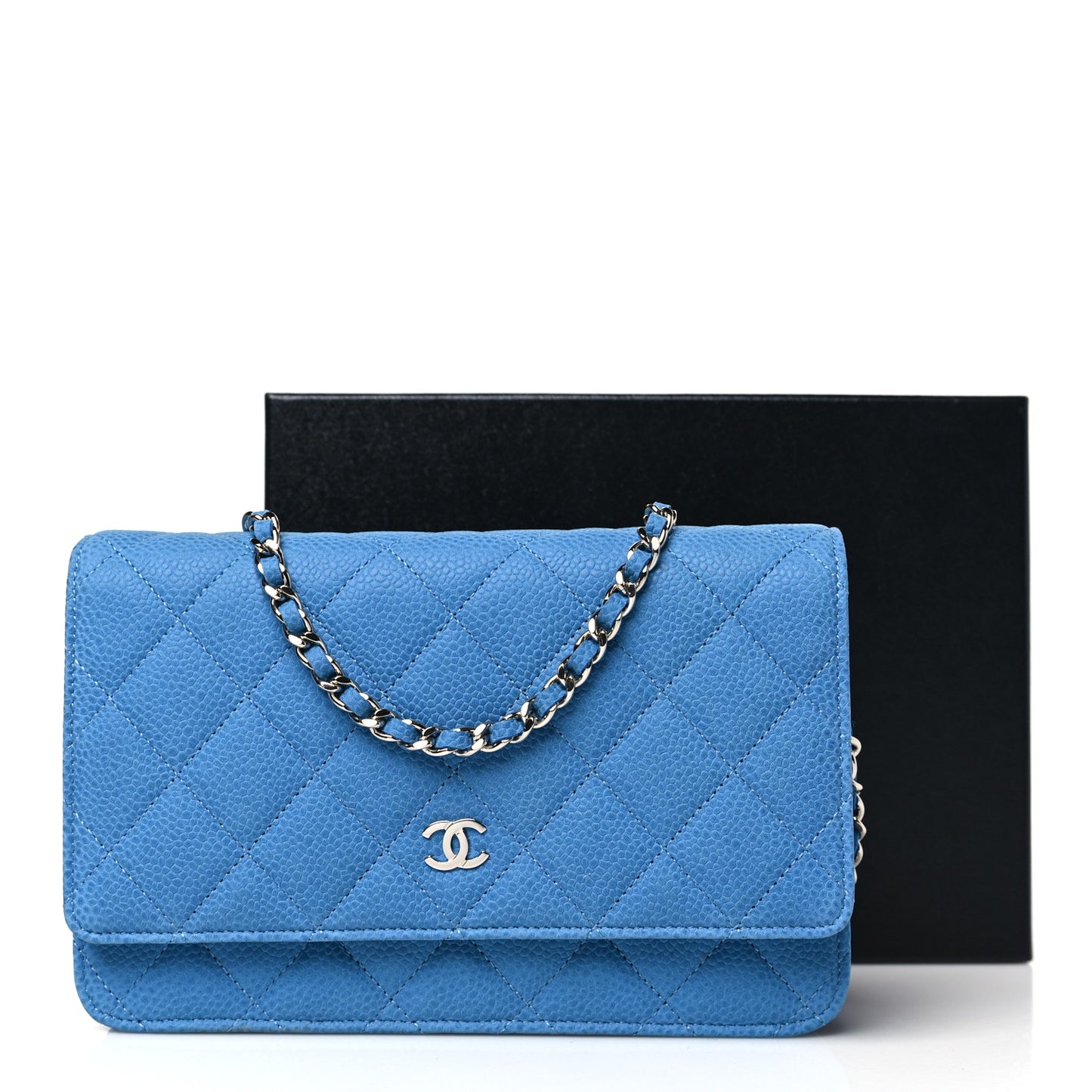 Iridescent Caviar Quilted Wallet on Chain WOC Blue