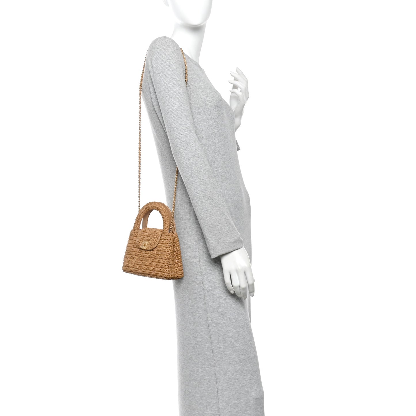 Braided Raffia Nano Kelly Flap Bag Dark Beige