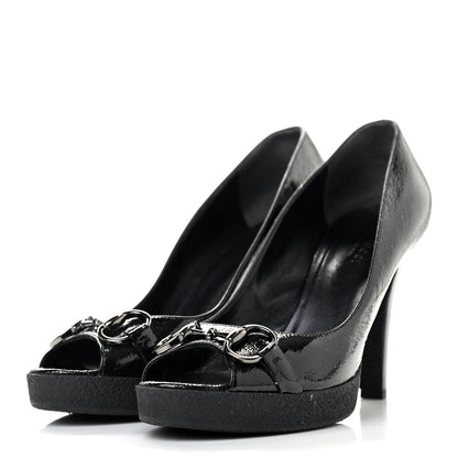 Gucci Patent Horsebit Peep Toe Platform Pumps 39.5 Black 3 of 8