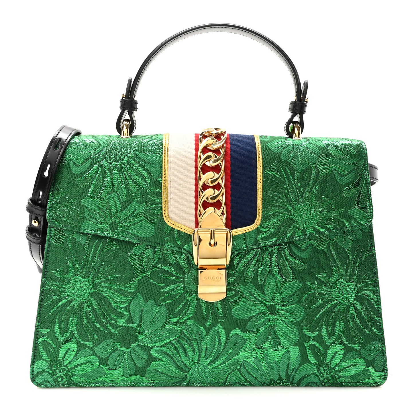 Jacquard Floral Web Medium Sylvie Top Handle Bag Green Black