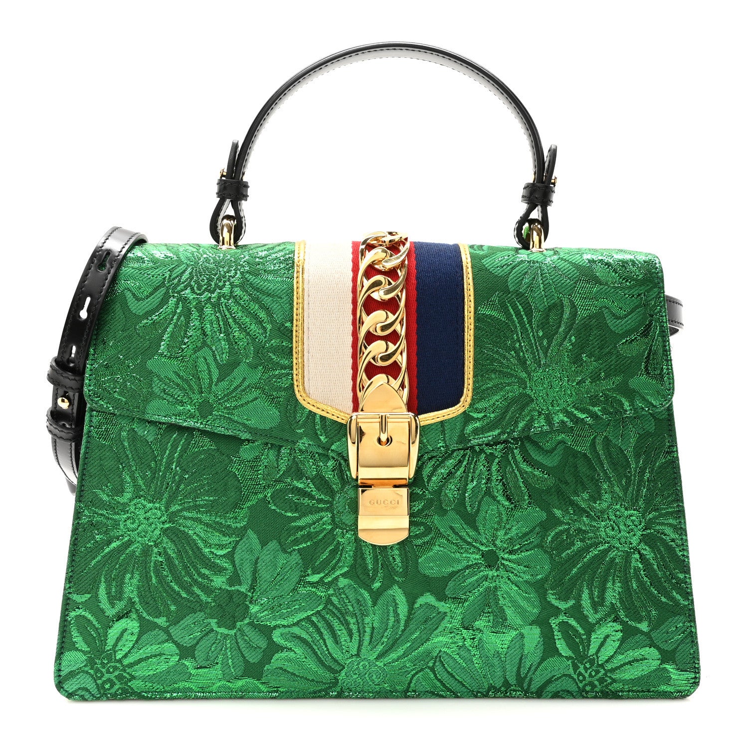 Gucci Jacquard Floral Web Medium Sylvie Top Handle Bag Green Black 1 of 10