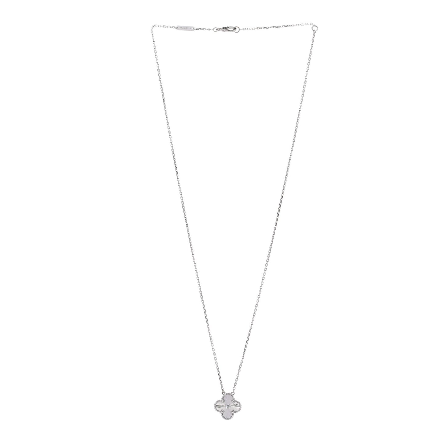 18K White Gold Diamond Guilloche Vintage Alhambra Pendant Necklace