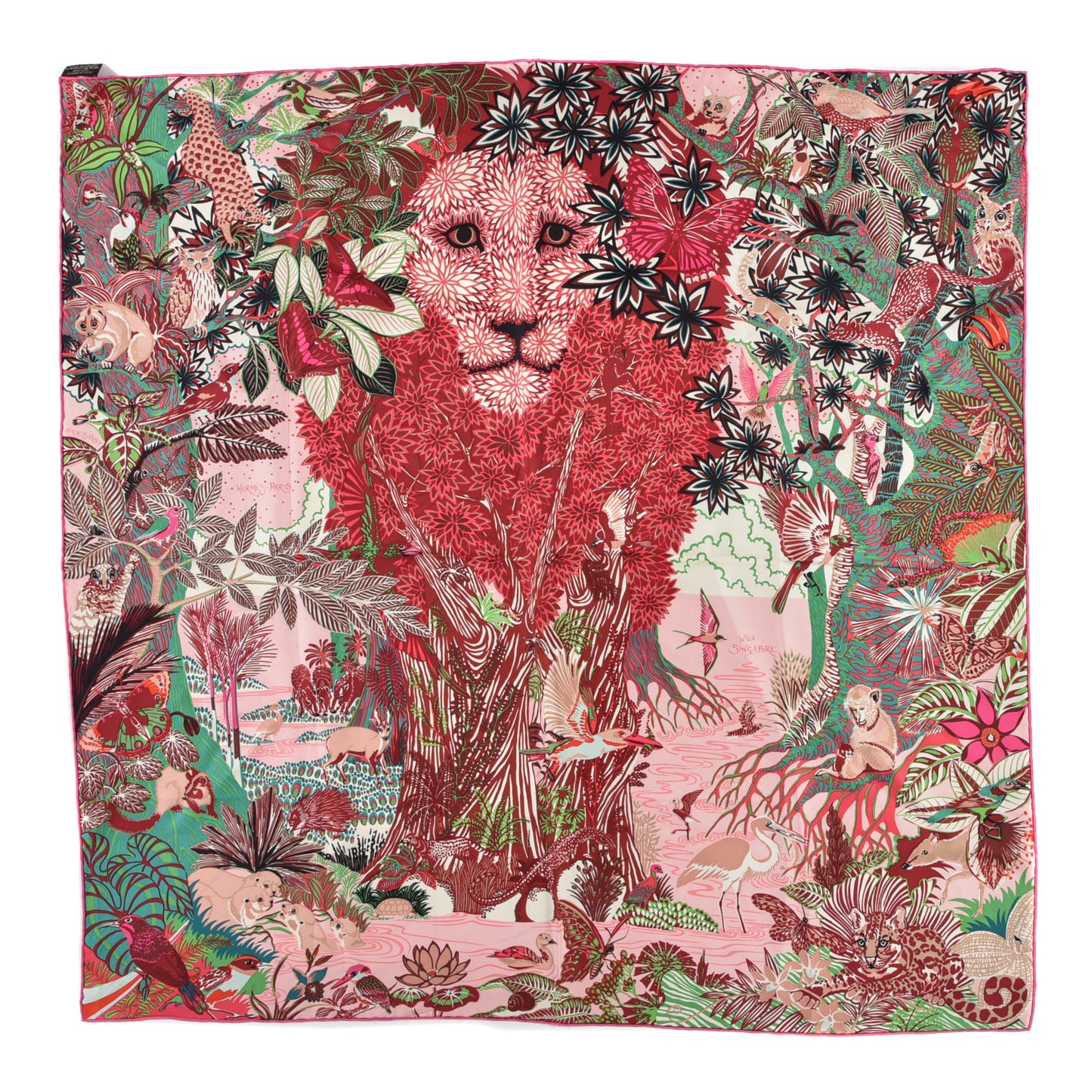 Silk Wild Singapore Scarf 90 Rose Vert Bordeaux