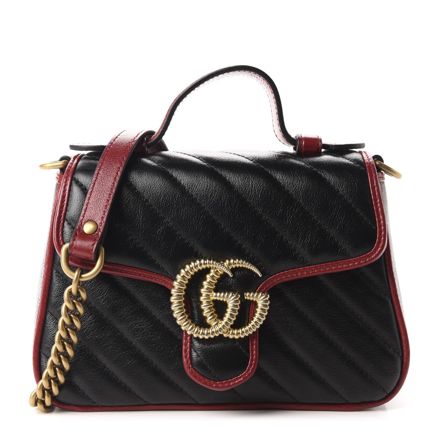 Vintage Effect Calfskin Matelasse Diagonal Mini Torchon GG Marmont Top Handle Shoulder Bag Black Romantic Cherry