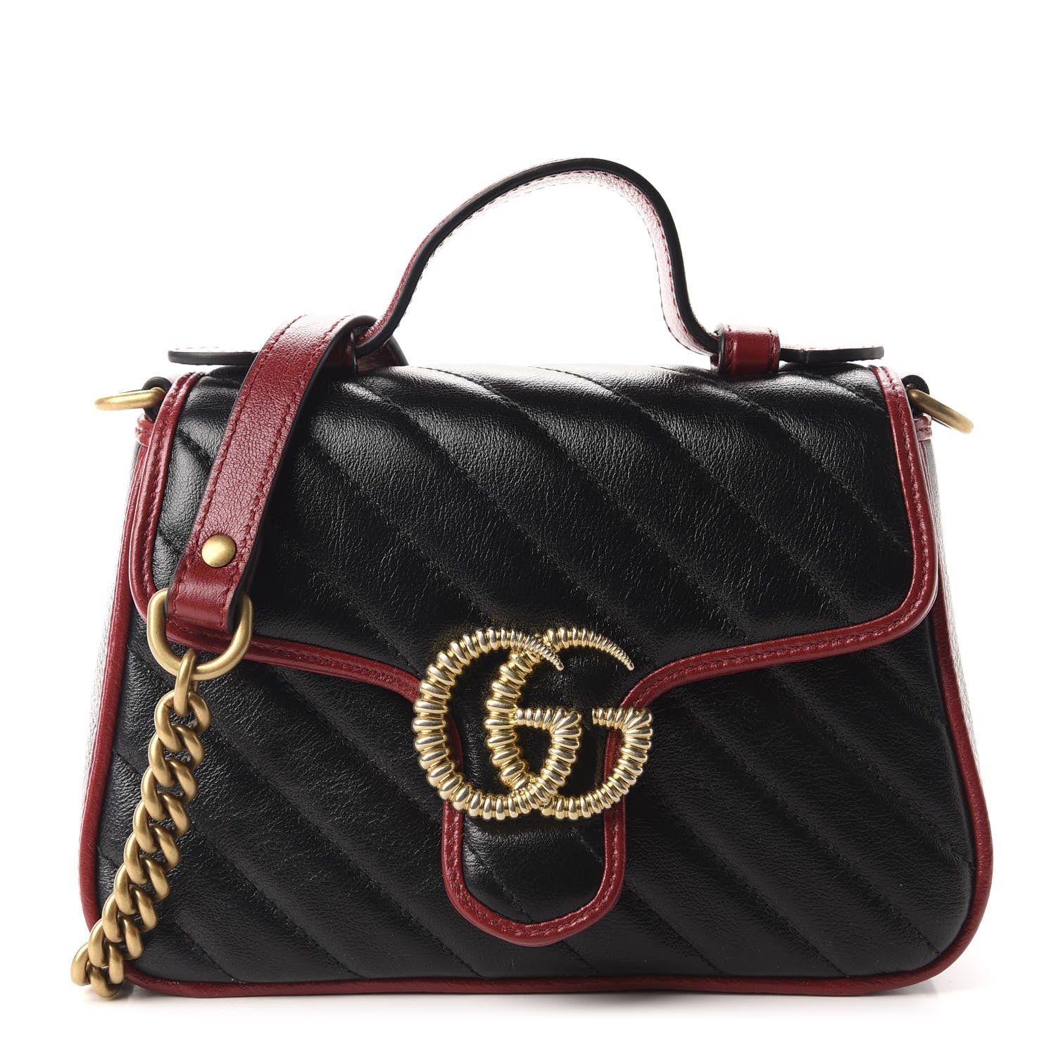 Gucci Vintage Effect Calfskin Matelasse Diagonal Mini Torchon GG Marmont Top Handle Shoulder Bag Black Romantic Cherry 1 of 10