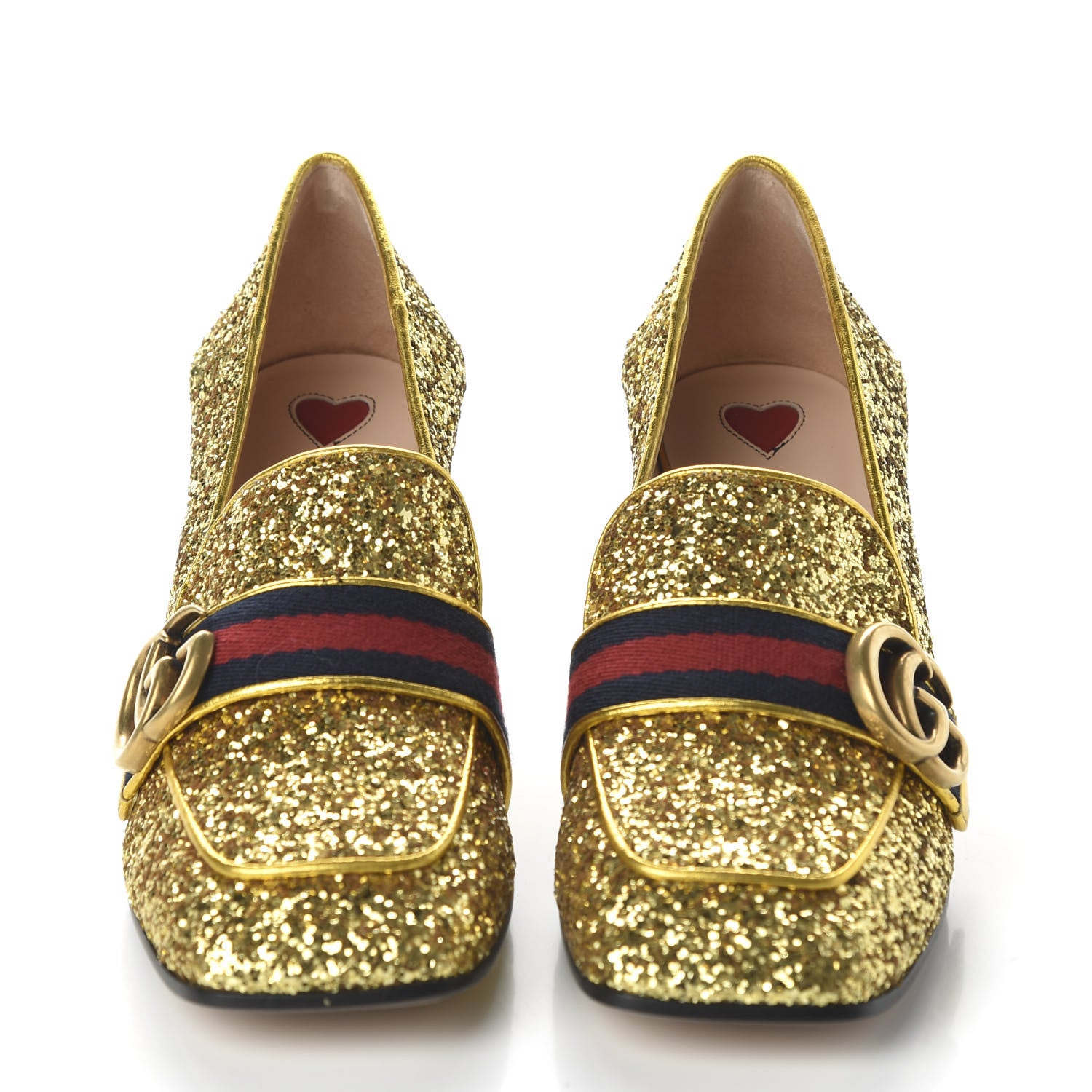 Gucci Glitter Nappa Web Peyton 75mm Loafer Pumps 36.5 Oro Vecchio 2 of 9