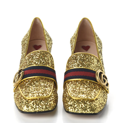 Gucci Glitter Nappa Web Peyton 75mm Loafer Pumps 36.5 Oro Vecchio 2 of 9