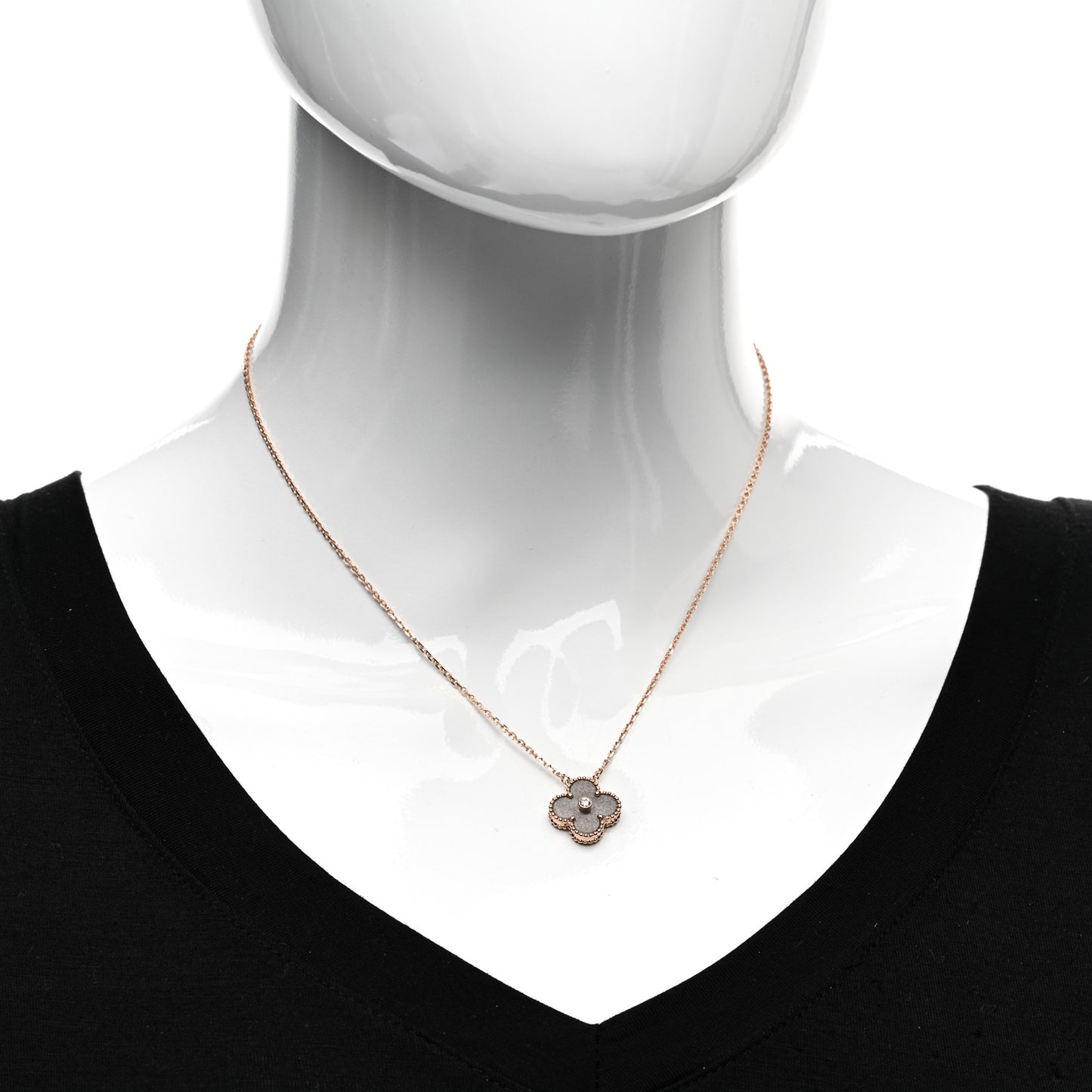 18K Rose Gold Diamond Silver Obsidian Vintage Alhambra Pendant Necklace