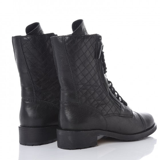 Chanel Sheepskin Quilted CC Tall Lace Up Combat Boots 40.5 Black 4 of 6