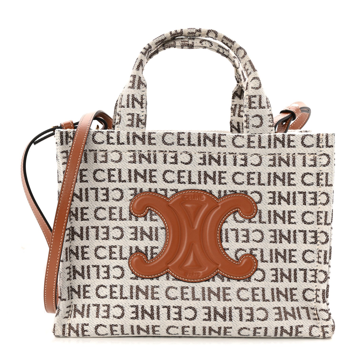 Celine Canvas Calfskin All Over Print Small Cabas Thais White Tan 1 of 8