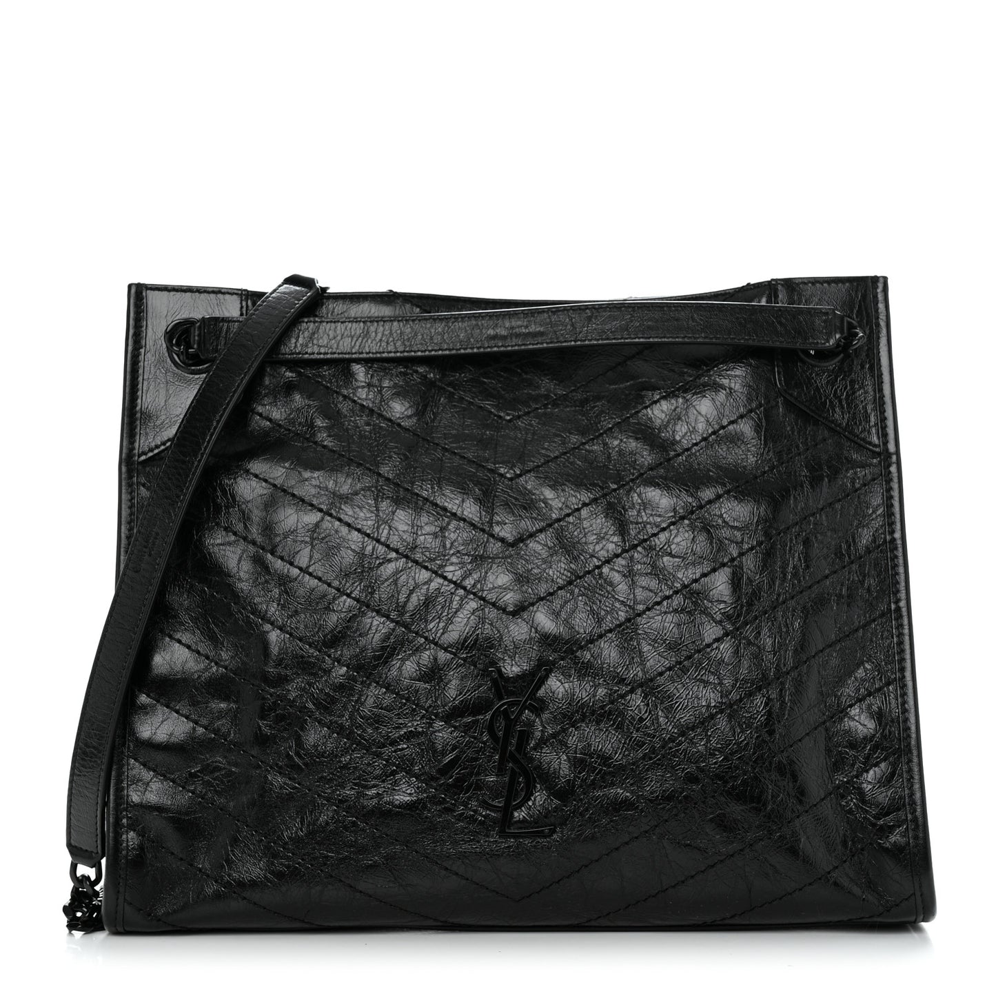 Crinkled Calfskin Matelasse Monogram Medium Niki Shopper Tote Black