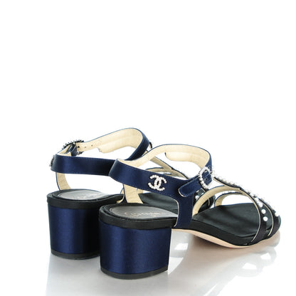 Chanel Satin Pearl Sandals 37.5 Black Navy 4 of 8