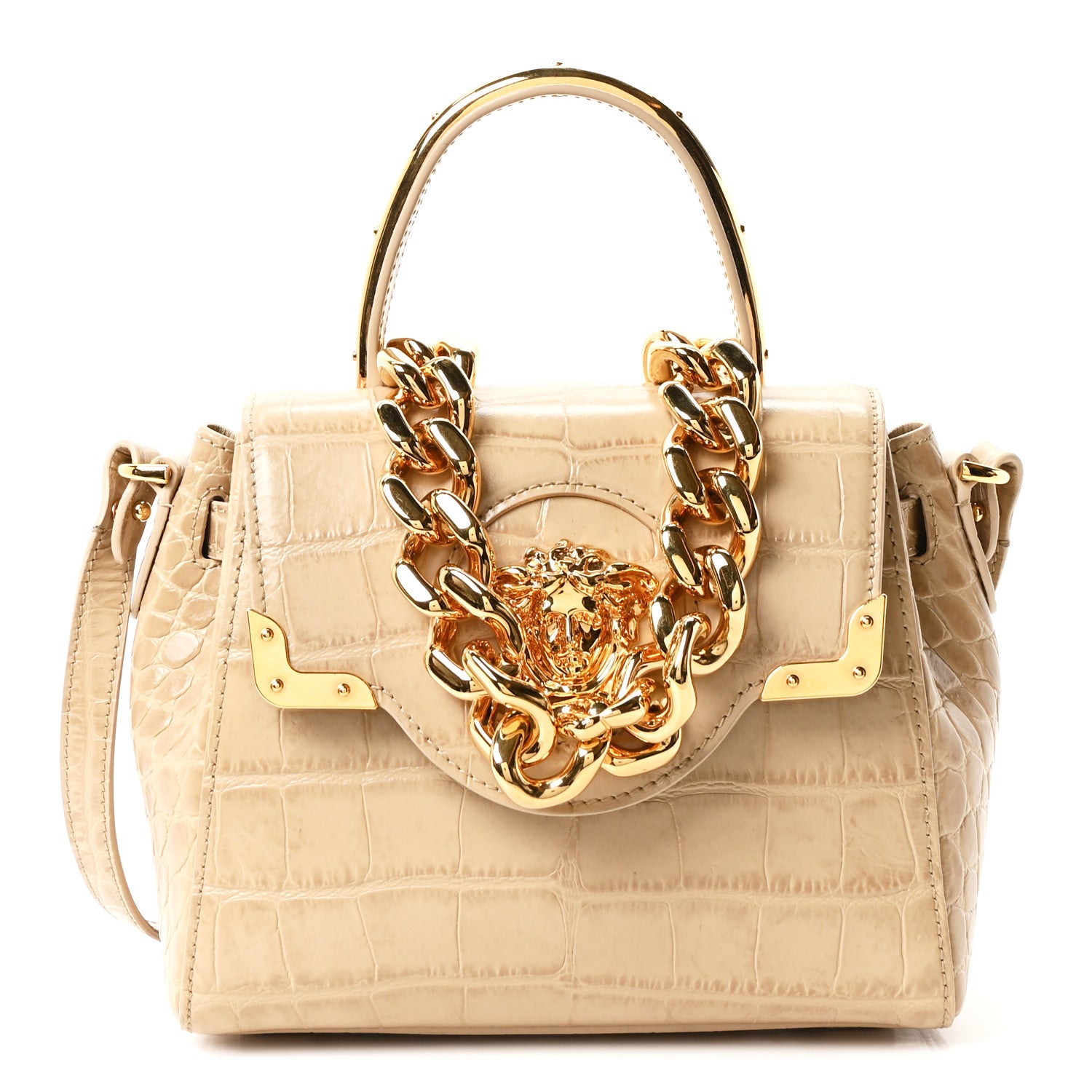 Versace Calfskin Crocodile Embossed Small La Medusa Top Handle Bag Beige 1 of 9