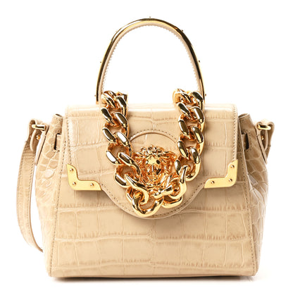 Versace Calfskin Crocodile Embossed Small La Medusa Top Handle Bag Beige 1 of 9