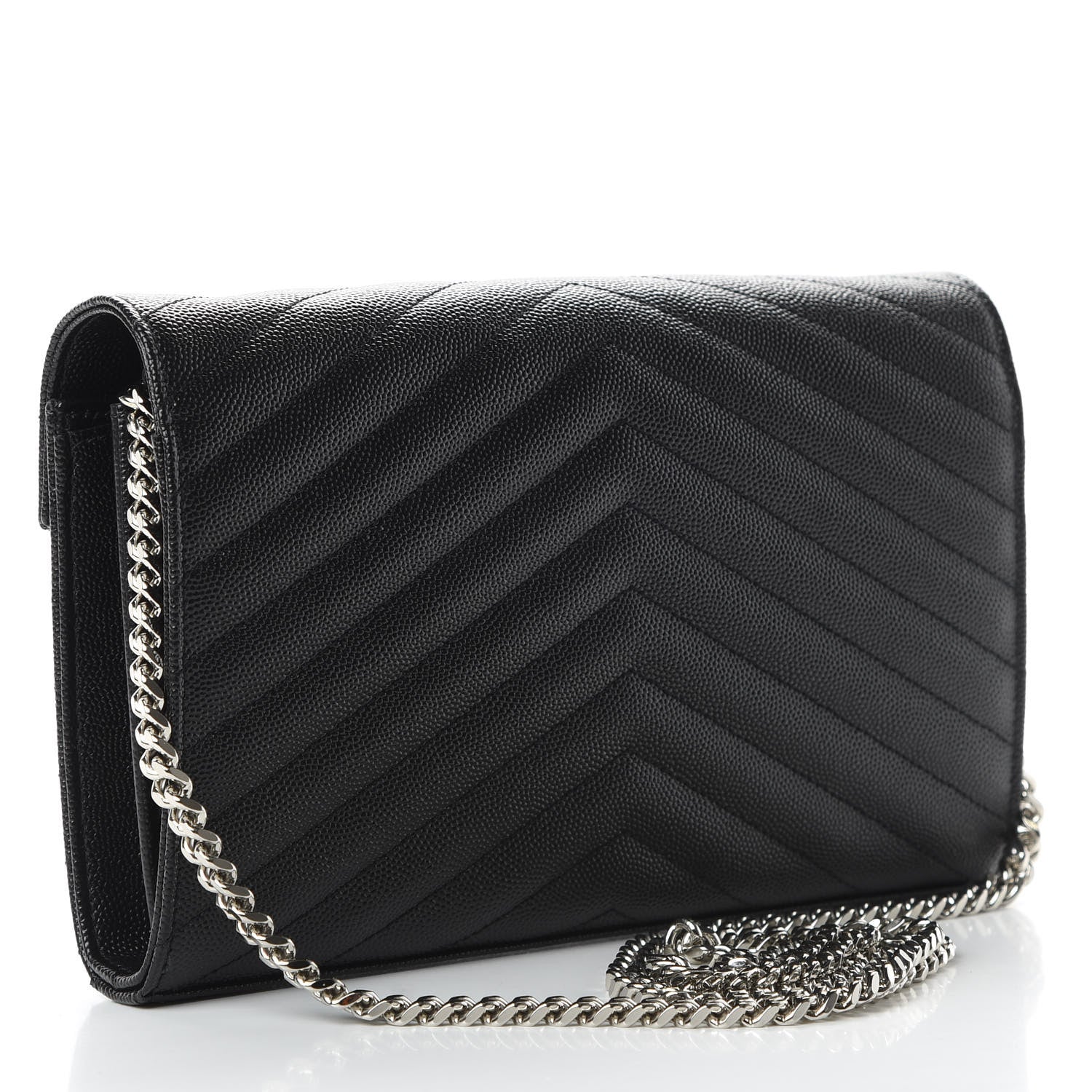Saint Laurent Grain De Poudre Matelasse Chevron Monogram Chain Wallet Black 3 of 11