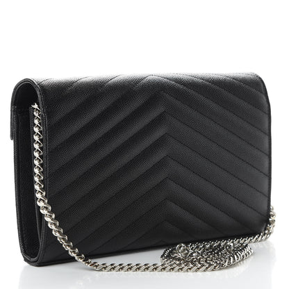 Saint Laurent Grain De Poudre Matelasse Chevron Monogram Chain Wallet Black 3 of 11