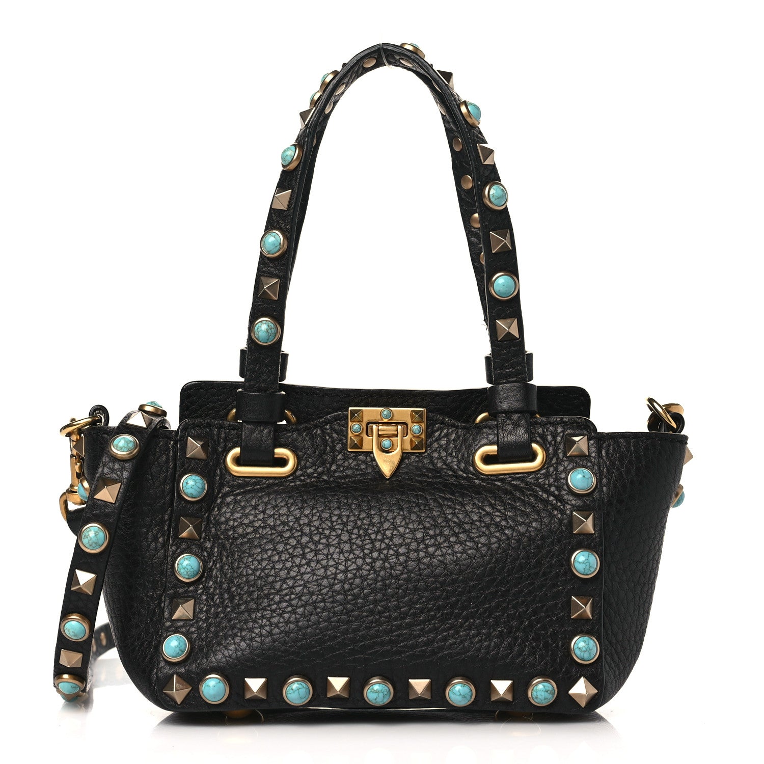 Valentino Garavani Pebbled Calfskin Mini Rockstud Rolling Tote Black 1 of 8