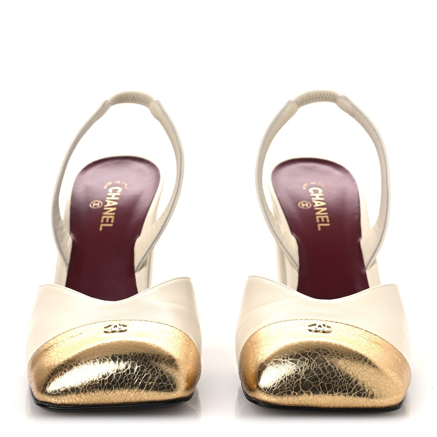 Lambskin Metallic Crackled Calfskin Square Cap Toe CC Slingback Pumps 38.5 Ivory Gold