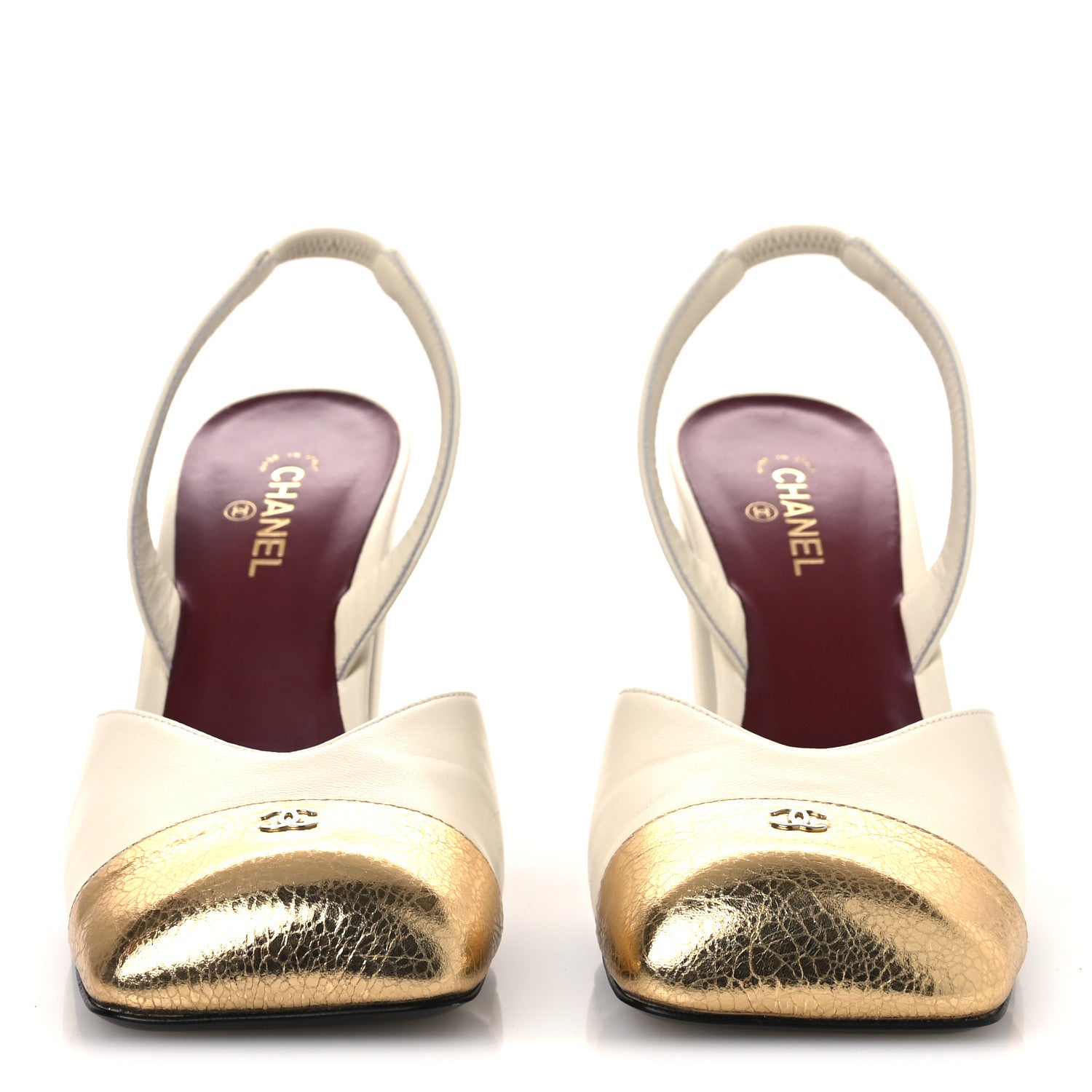 Chanel Lambskin Metallic Crackled Calfskin Square Cap Toe CC Slingback Pumps 38.5 Ivory Gold 3 of 11