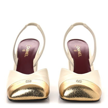 Chanel Lambskin Metallic Crackled Calfskin Square Cap Toe CC Slingback Pumps 38.5 Ivory Gold 3 of 11