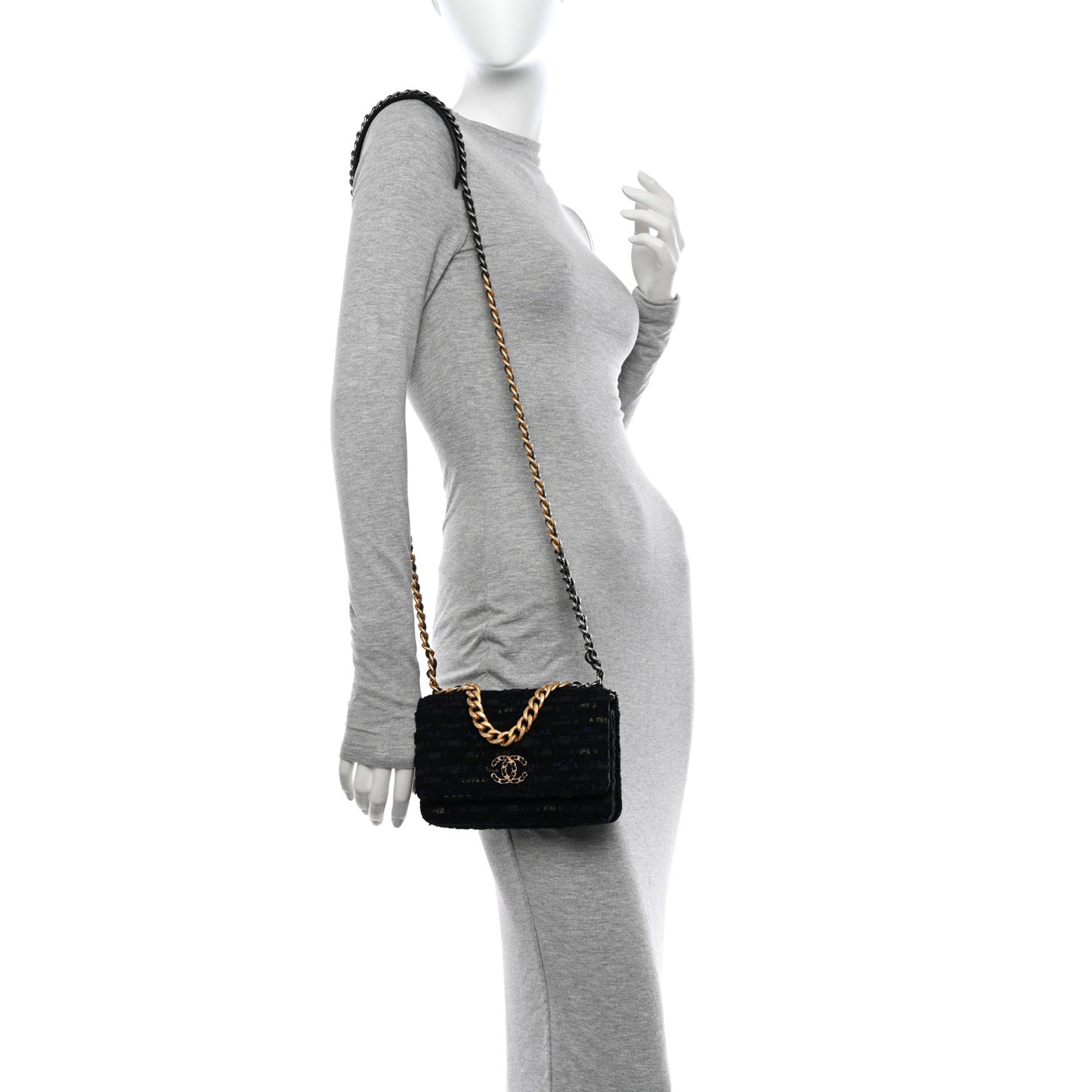 Tweed Quilted Chanel 19 Wallet On Chain WOC Black Navy Gold