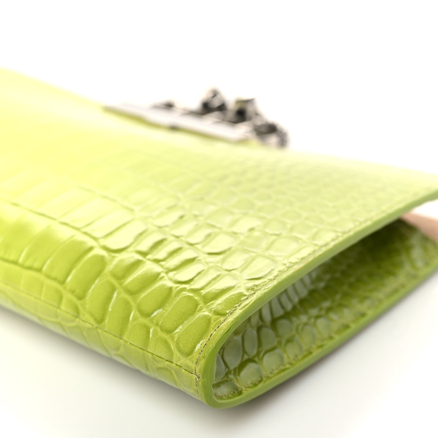 Calfskin Crocodile Embossed Knuckle Flat Clutch Lichen