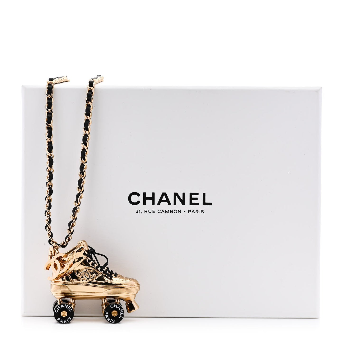 Metal Lambskin CC Rollerskate Necklace Gold Black