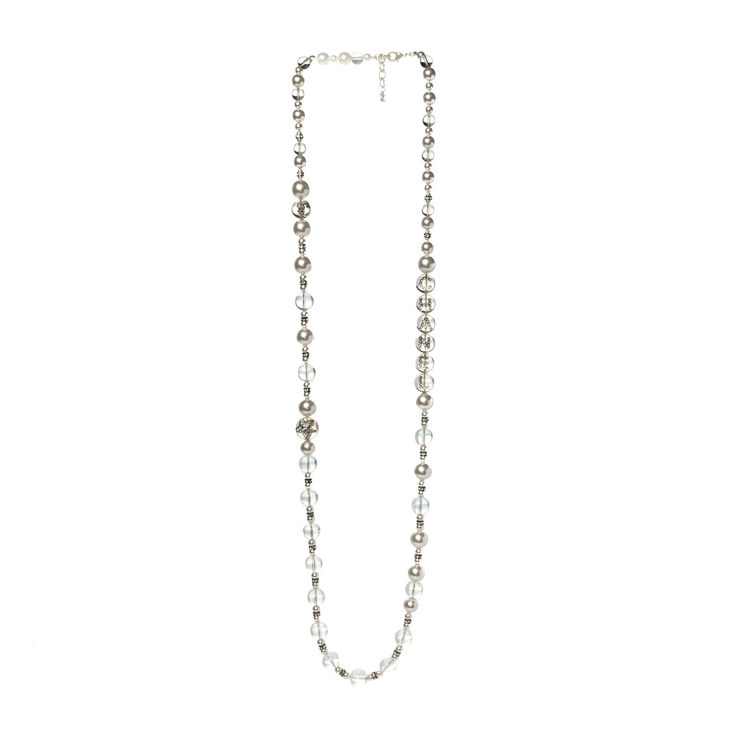 Chanel Resin Pearl Crystal Logo Long Necklace Transparent Gold 3 of 5