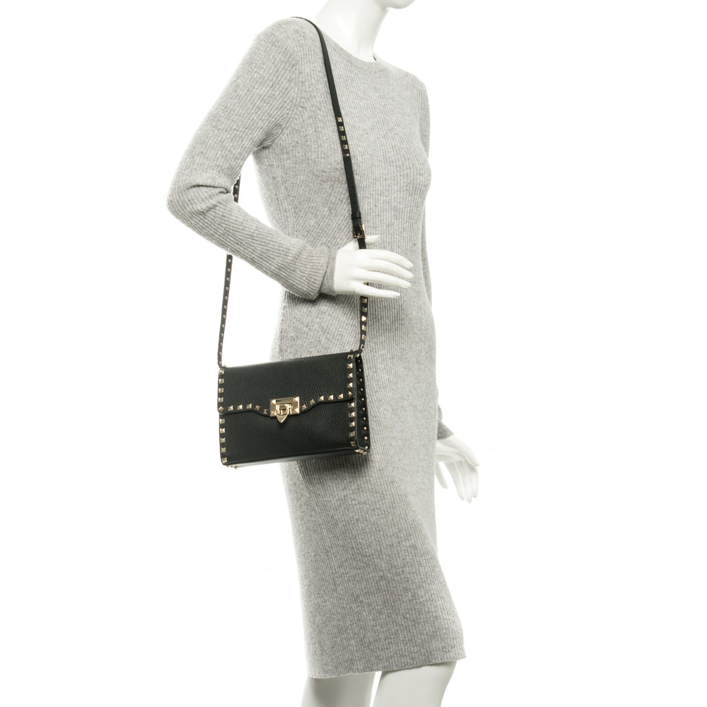 Pebbled Calfskin Medium Rockstud Flip Lock Crossbody Bag Black