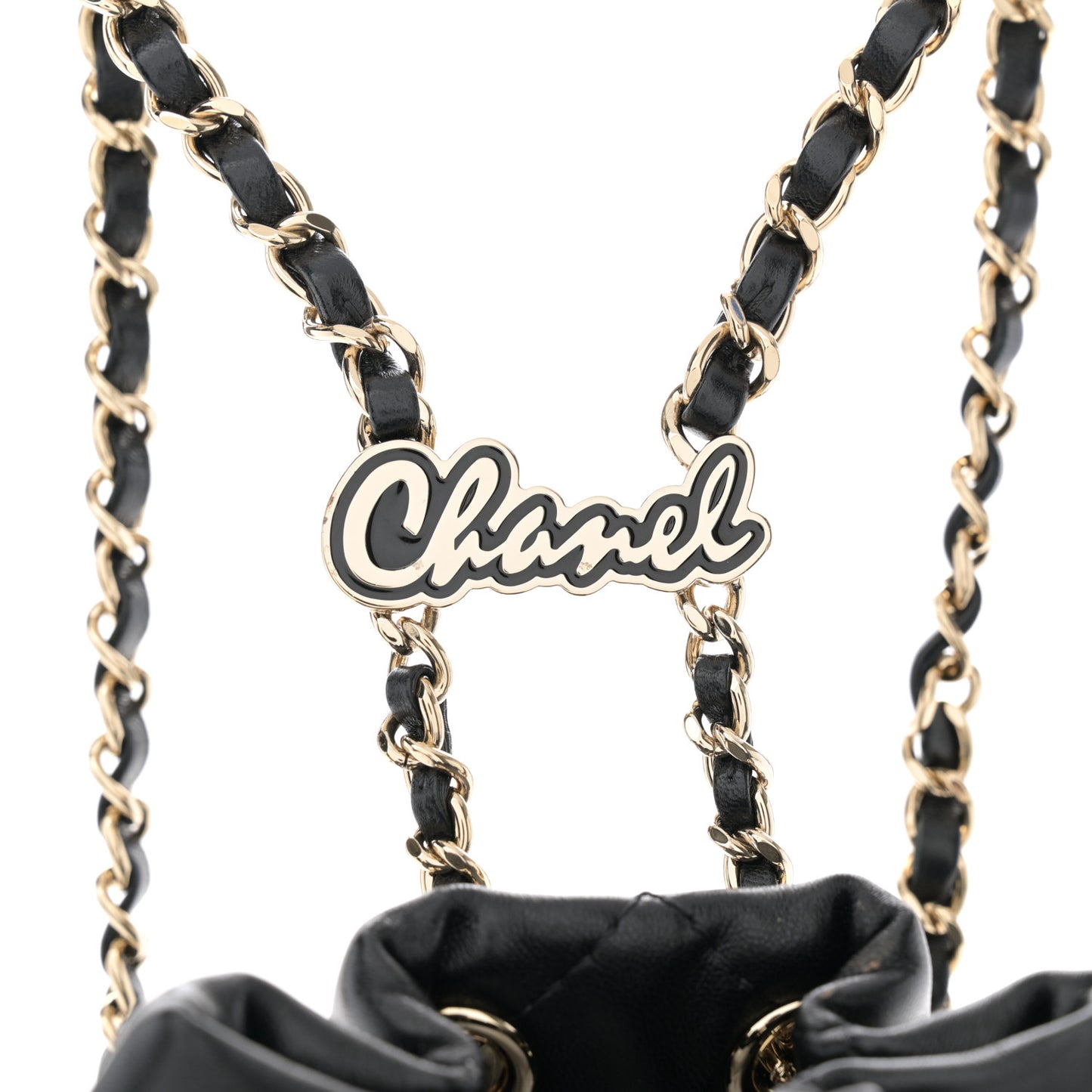 Shiny Lambskin Quilted Drawstring Backpack Black