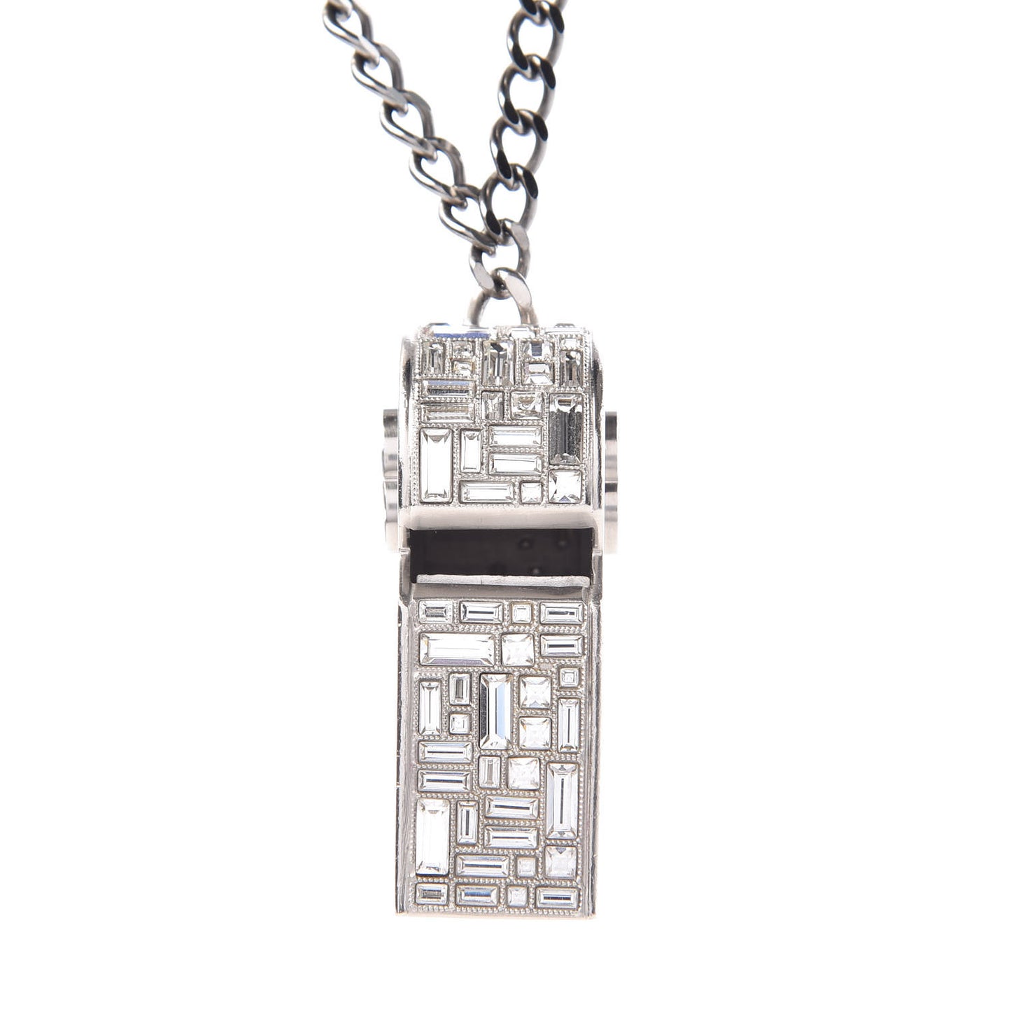 Crystal Baguette CC Whistle Pendant Necklace Silver