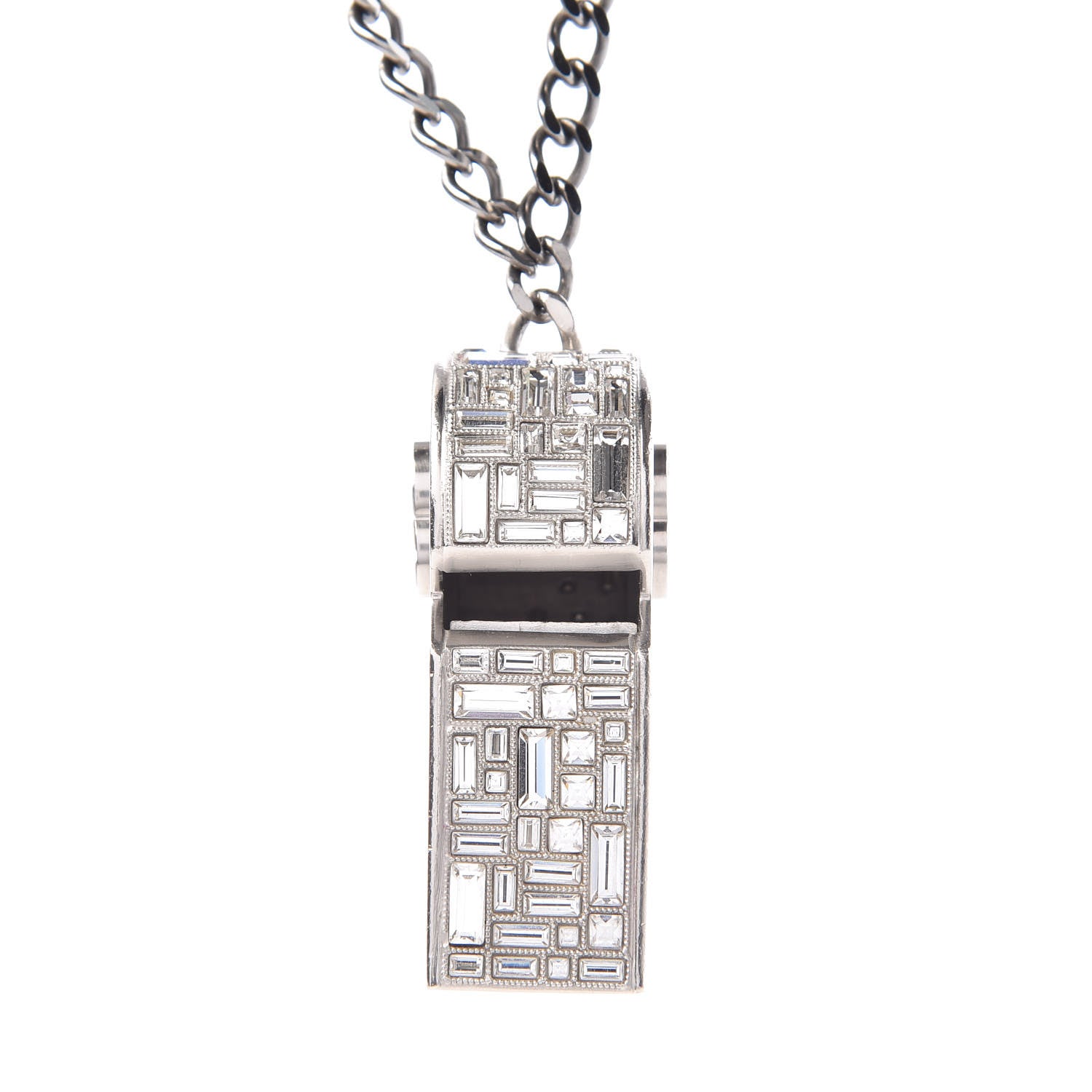 Chanel Crystal Baguette CC Whistle Pendant Necklace Silver 5 of 9