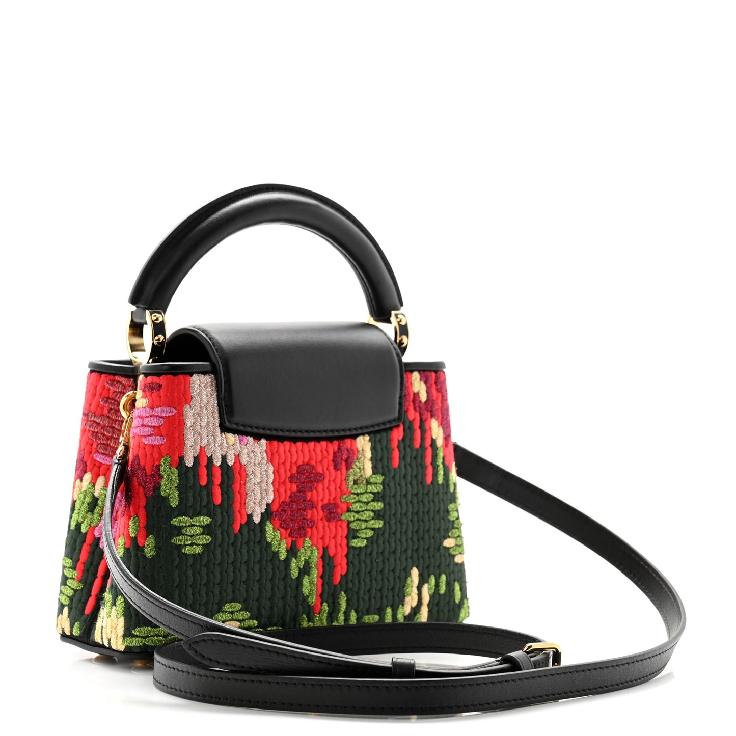 Calfskin Cotton Woven Embroidered Mini Capucines Black Multicolor