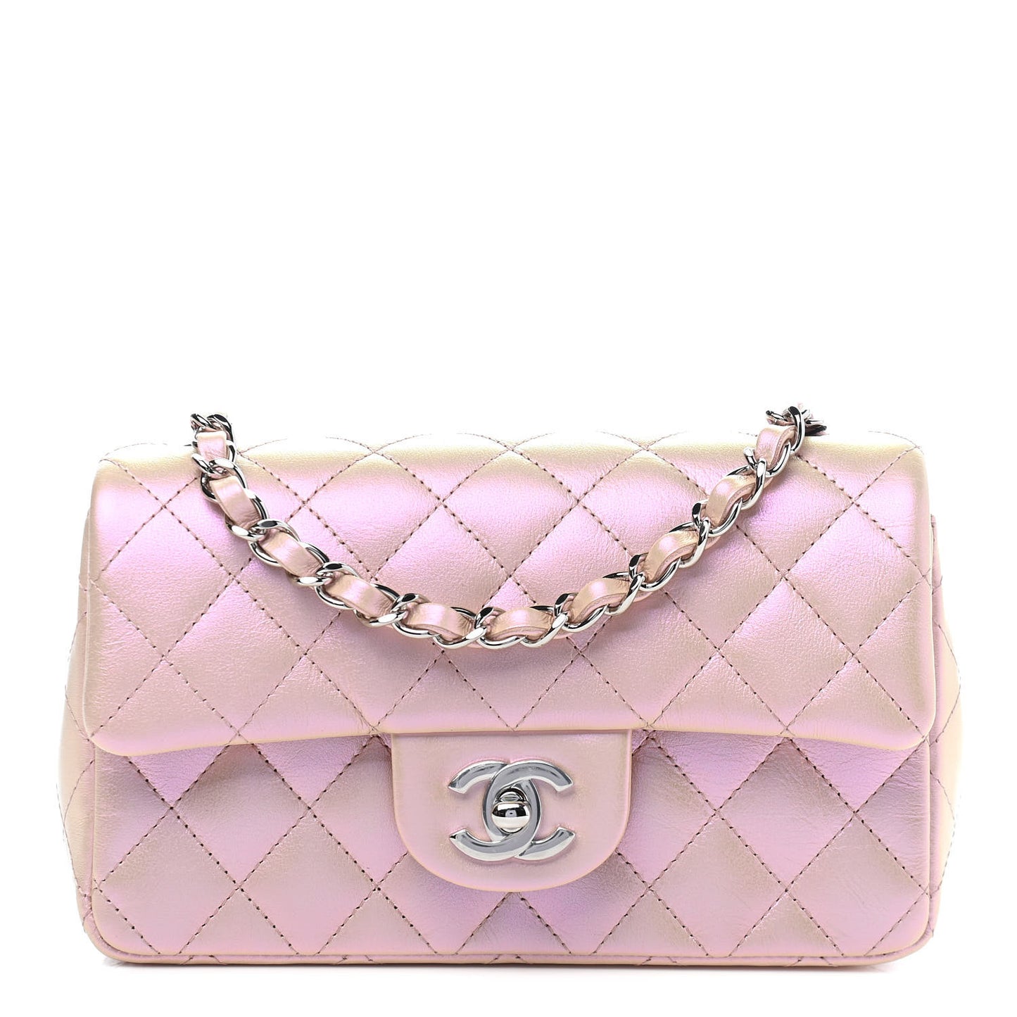 Iridescent Calfskin Quilted Mini Rectangular Flap Pink