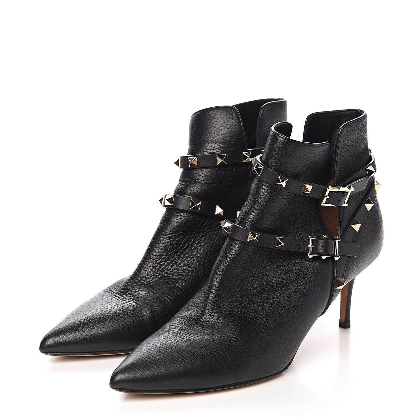 Grained Calfskin Rockstud Double Buckle 65mm Ankle Boots 40 Black