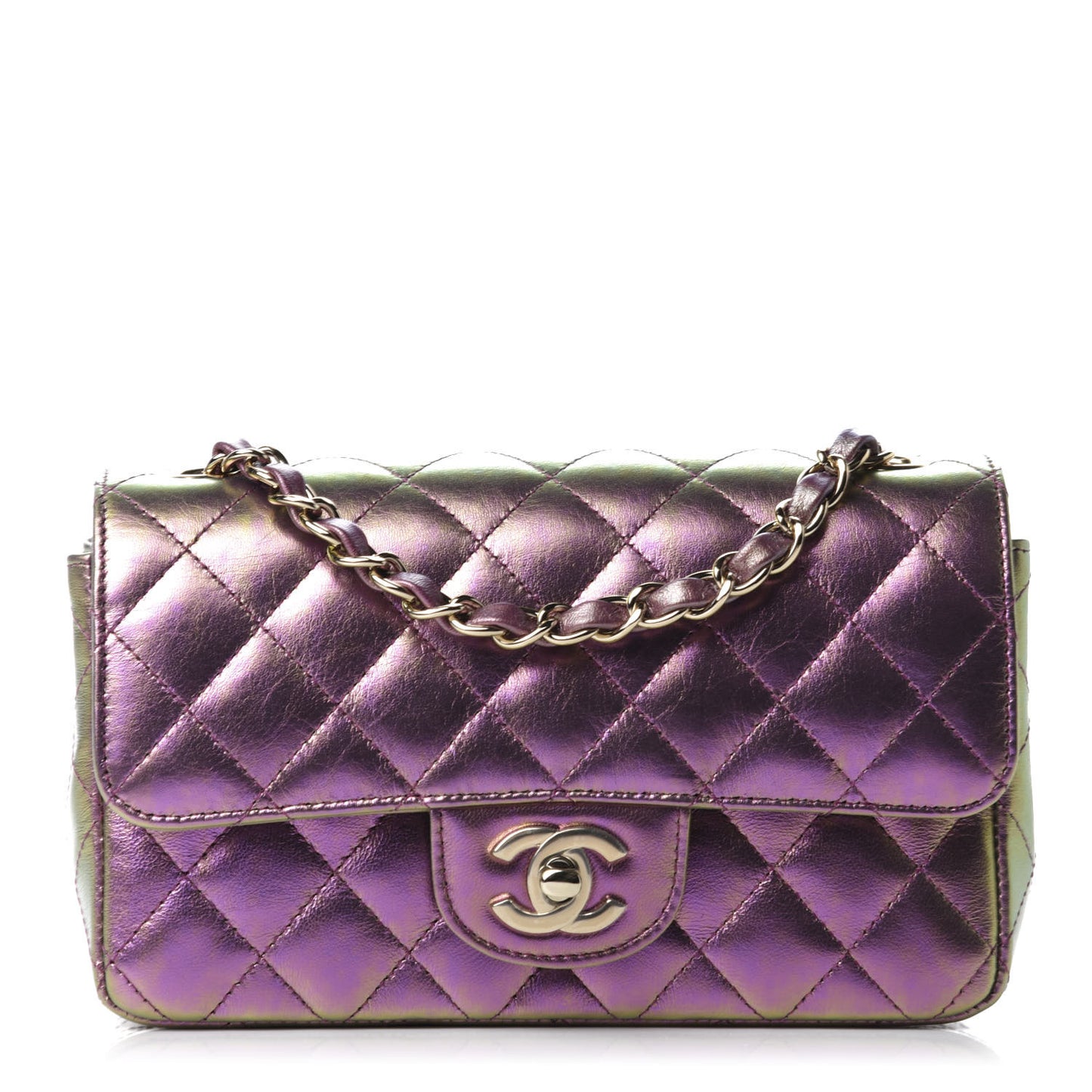 Iridescent Lambskin Quilted Mini Rectangular Flap Purple