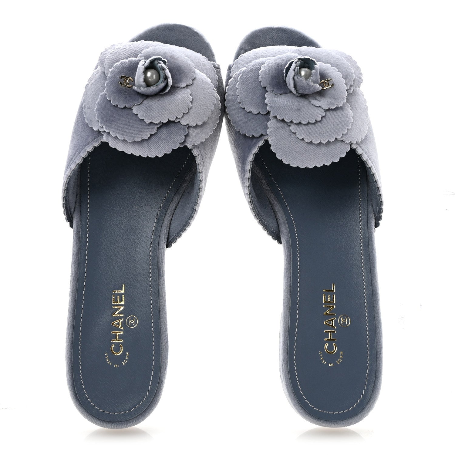 Chanel Velvet Pearl Camellia Slide Sandals 36.5 Gray 2 of 11