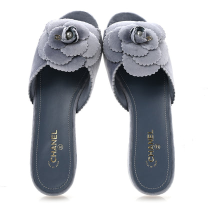 Chanel Velvet Pearl Camellia Slide Sandals 36.5 Gray 2 of 11