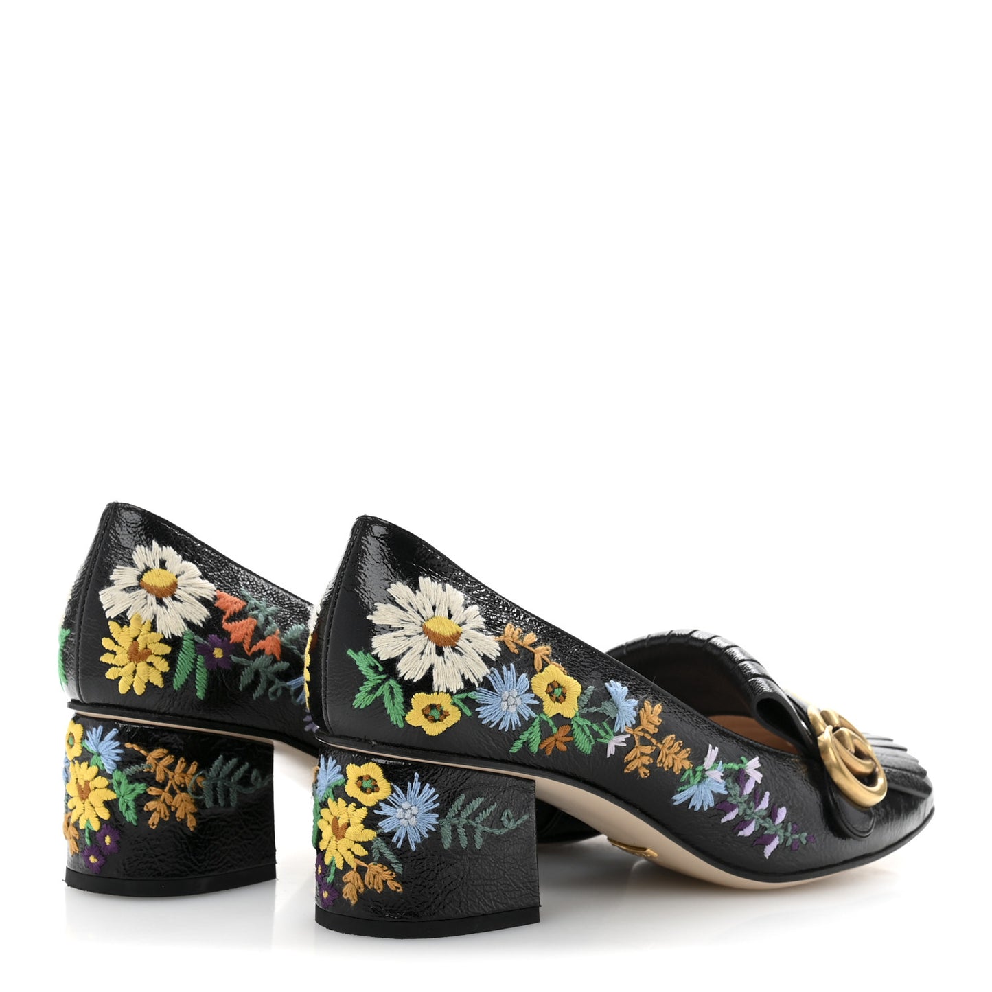 Skipper Calfskin Floral Embroidered GG Marmont Fringe 50mm Loafer Pumps 40 Black