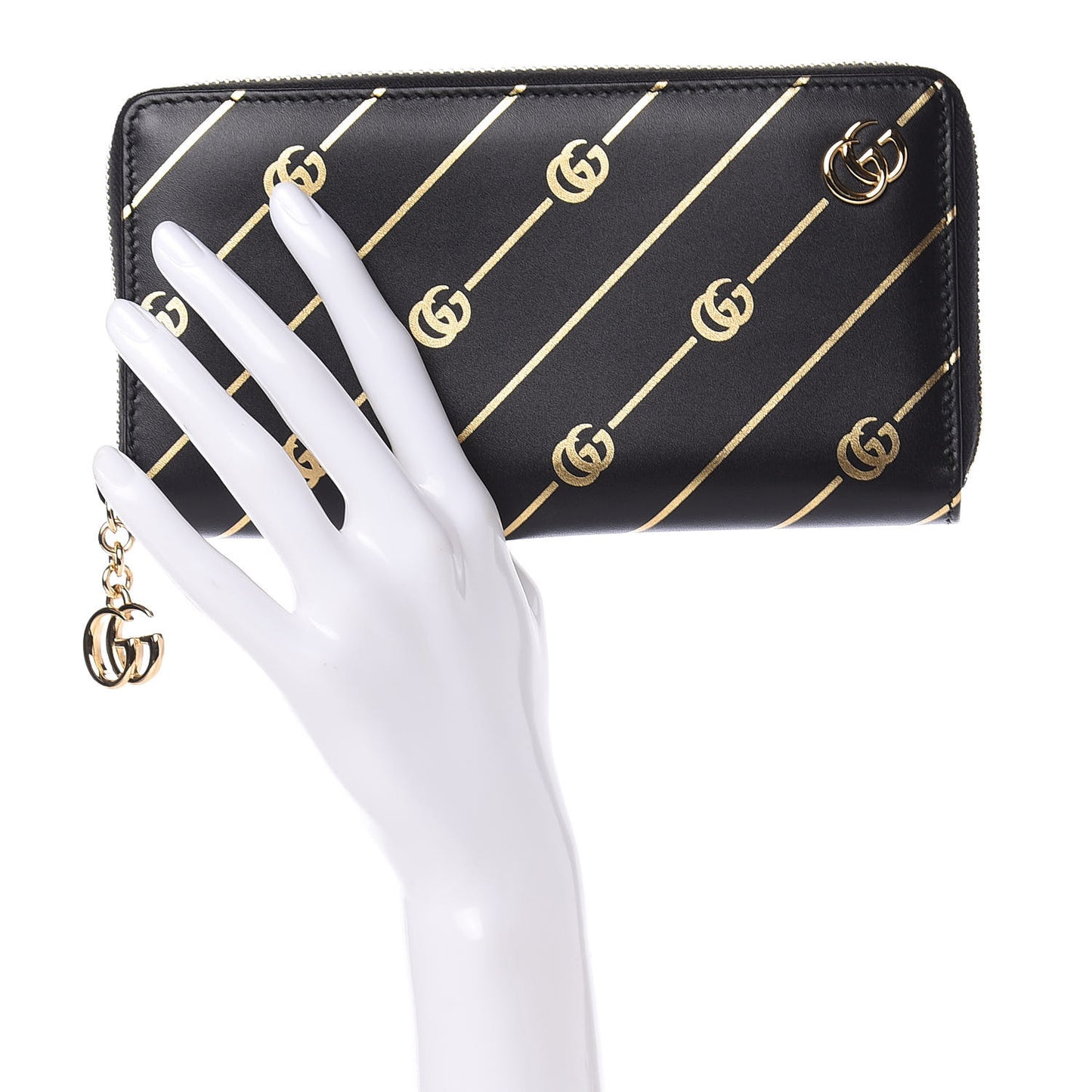 Moon Calfskin Diagonal GG Zip Around Wallet Black Gold