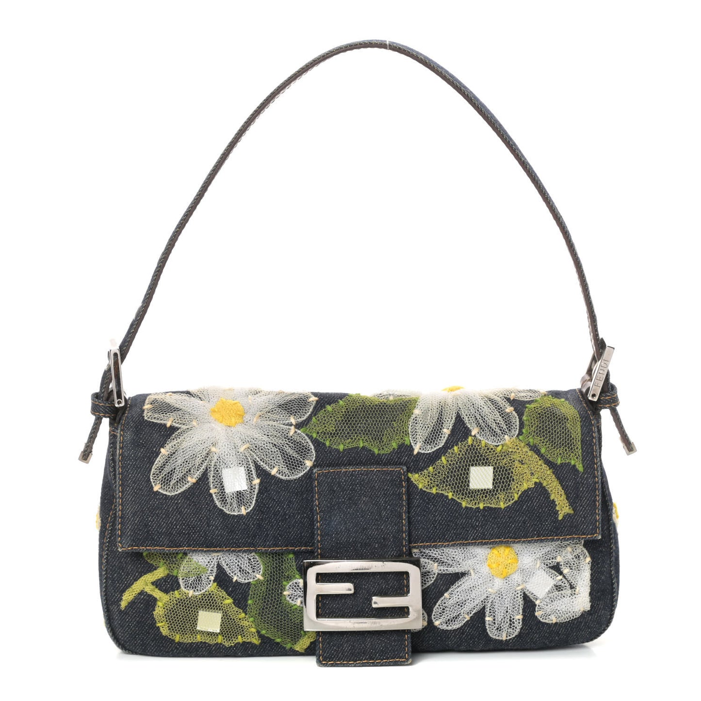 Denim Flower Applique Baguette Blue