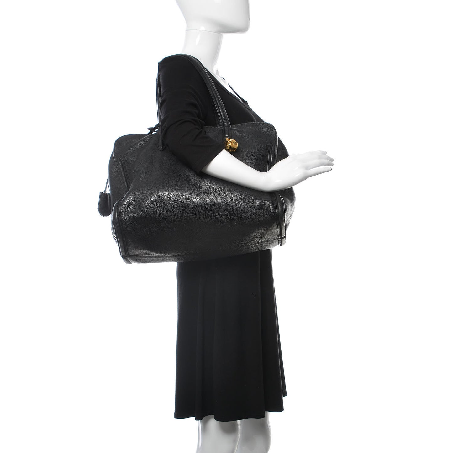 Pebbled Calfskin Large Skull Padlock Zip Around Tote Black