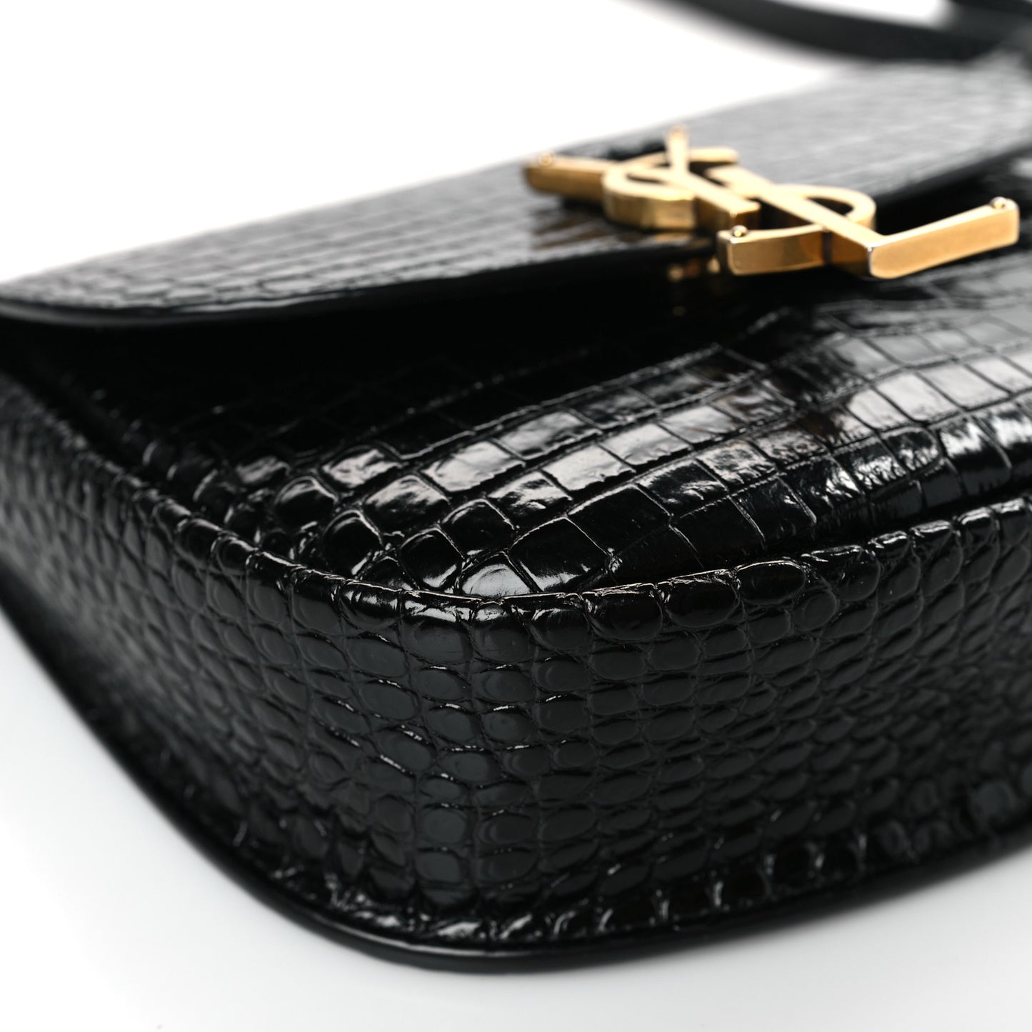 Crocodile Embossed Calfskin Small Kaia Satchel Black