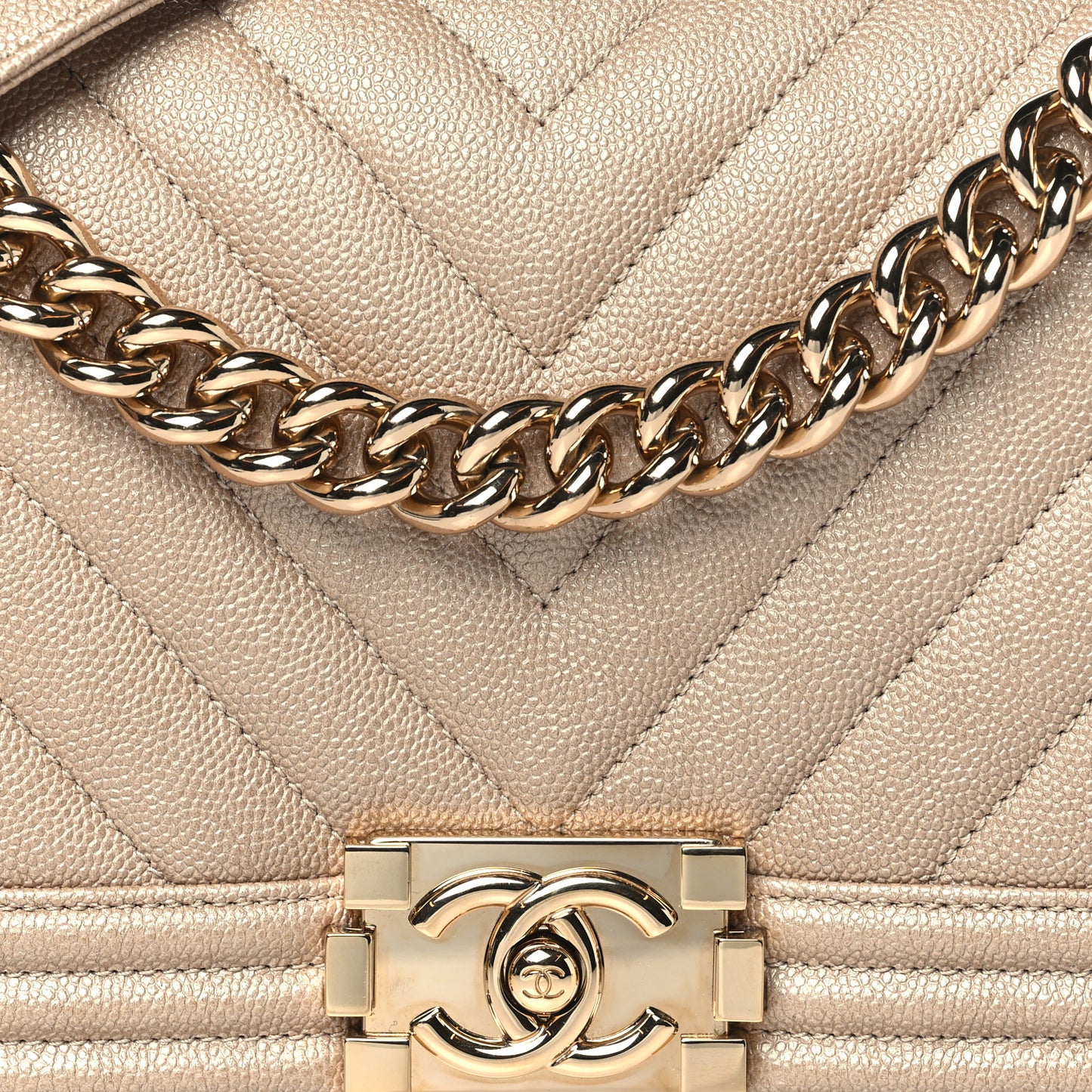 Iridescent Caviar Chevron Quilted Medium Boy Flap Beige