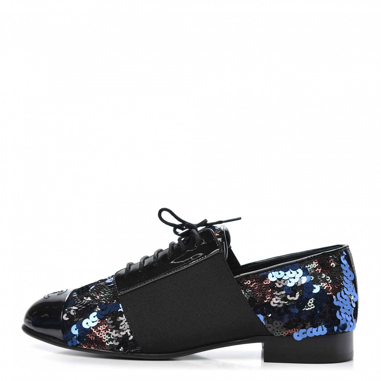 Chanel Patent Calfskin Sequin CC Cap Toe Womens Lace Up Oxfords 36 Blue Black 1 of 8