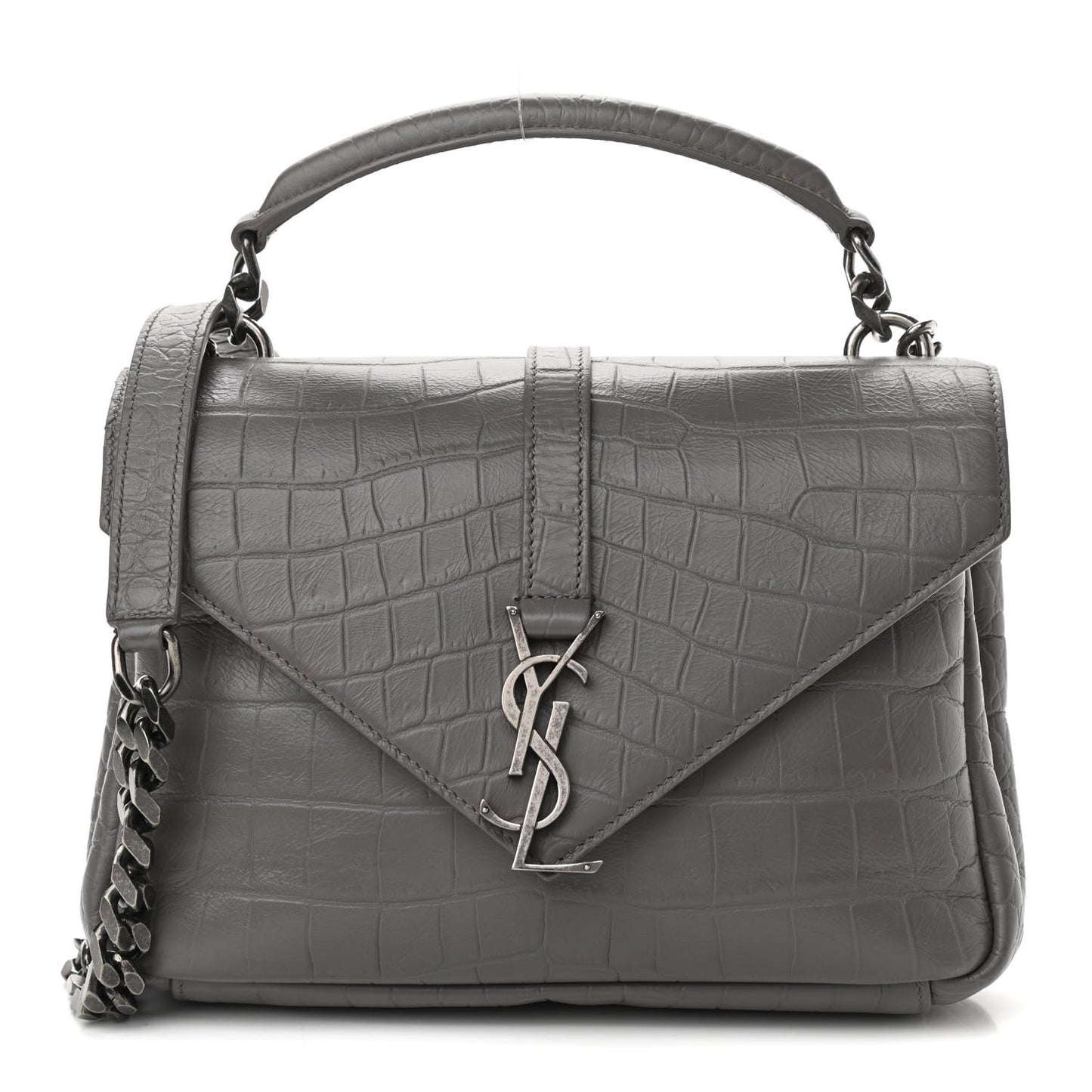 Calfskin Crocodile Embossed Medium College Monogram Satchel Gray