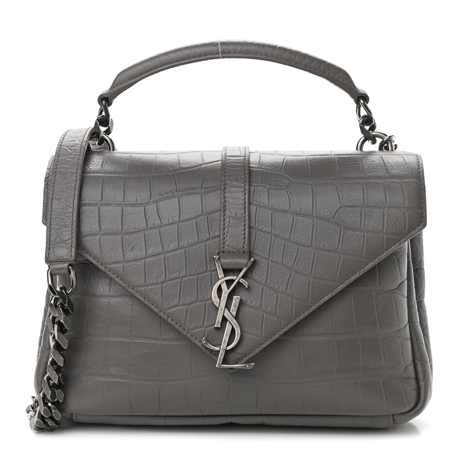 Saint Laurent Calfskin Crocodile Embossed Medium College Monogram Satchel Gray 1 of 9