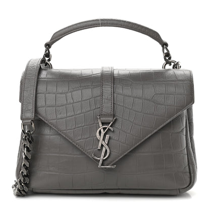 Saint Laurent Calfskin Crocodile Embossed Medium College Monogram Satchel Gray 1 of 9